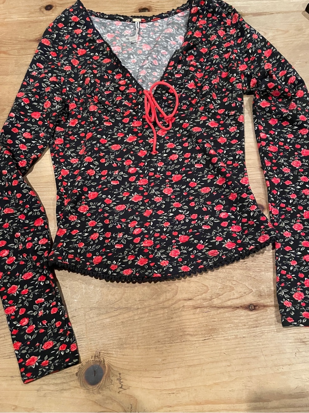 NWOT Free People Black Red Floral Cotton Spandex Babydoll Coquette XST